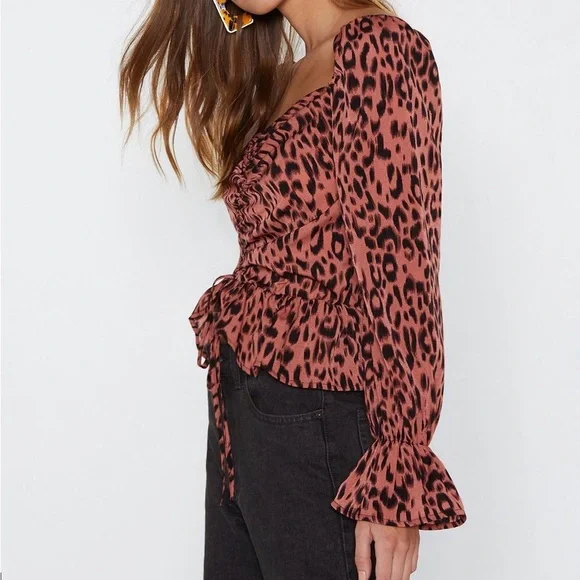 Nasty Gal Terracotta Ruched Leopard Blouse - Picture 3 of 4